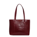 Dark red faux leather tote bag with quilted pattern and gold logo in front view - Burgundy