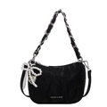 Elegant black ruched underarm bag with silver chain strap and pearl bow charm - Black
