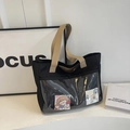 Black nylon tote bag with transparent PVC pocket and khaki straps for daily commuting - No Pendant / Black