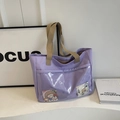 Light purple nylon tote bag with transparent PVC window and khaki canvas handles - No Pendant / Taro