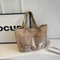 Beige nylon canvas tote bag with brown straps and transparent PVC pocket design - No Pendant / Khaki