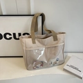 Beige nylon tote bag with transparent front pocket and illustrated decorative card - No Pendant / Off White