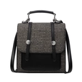 Vintage style square crossbody bag in black leather and grey-white tweed fabric - Black