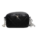Quilted black PU leather crossbody bag with silver chain strap and butterfly charm - Black