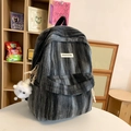 Black and grey tie-dye aesthetic backpack with plush sheep charm for high school girls - Black Large