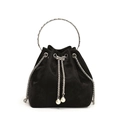 Premium black velvet bucket bag with elegant silver chain handle and white pearl charms. - Black