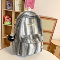 Tie-dye marble gradient backpack for school girls with cute plush animal charm accessory - Grey Large