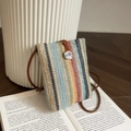Handcrafted colorful striped woven crossbody bag with brown leather strap and floral clasp - Rainbow Striped / Colorful