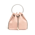 Elegant light pink bucket bag featuring a silver metal ring handle and pearl accents - Pink