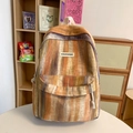 Vintage canvas backpack featuring warm-toned colorful vertical tie-dye stripes and logo patch - Yellow Large