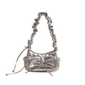 Silver metallic pleated underarm bag with Y2K ribbon bow and cloud strap detail - Silver