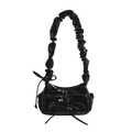 Glossy black pleated crossbody bag with bow drawstring and ruched shoulder strap - Black