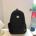 Minimalist black large capacity backpack featuring a cute white bear patch and side pockets - Small / No Pendant / Black