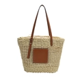 Straw tote bag in beige with brown leather patch and shoulder straps for summer style - Off White