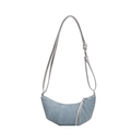 Denim blue croissant shoulder bag with silver chain and pleated half-moon design - Metallic Croissant Style / Silver