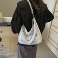 Silver pleated tote bag with butterfly charms and thick metal chain strap for women - Large / Silver