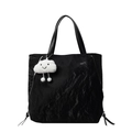Minimalist black tote bag with natural wrinkled texture and a cute cloud plush charm - Black