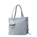 Light blue pleated tote bag with silver zippers and a plush cloud charm on white background - Blue