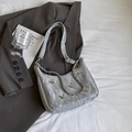 Chic grey shoulder bag with pleated texture, gold butterfly charm and metal chain strap - Small / Silver