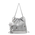 Silver metallic drawstring bucket backpack with butterfly accents and chain strap - With Charm / Silver