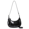 Borsa hobo nera a mezzaluna con texture increspata lucida e doppia tracolla - Nero