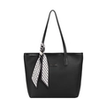 Bolso tote grande negro con textura litchi, asas finas y pañuelo de seda a cuadros - Negro