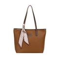 Bolso tote marrón de cuero sintético granulado con pañuelo decorativo y logo dorado - Marrón