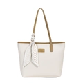 Bolso tote blanco crema con correas marrones y detalle de pañuelo de seda geométrico - Blanco Roto