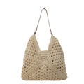 Bolso tote de paja tejida beige con asas de cuero marrón para la playa de verano - Blanco Roto