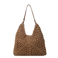 Bolso tote de paja tejida calado marrón con correa de cuero para playa y verano - Caqui