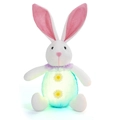 Glowing Easter gnome bunny with green floral belly and purple lace for holiday decor - Blue
