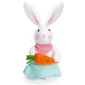 Weiße Osterhasen-Plüschfigur mit Karotte und hellblauem Cordrock für Dekorationen - Karotten-Haltender Stil