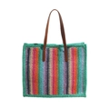 Colorful striped woven tote bag with brown leather handles and large capacity - Green