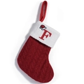 Red knit Christmas stocking with white cuff featuring red embroidered letter F and hat - Letter F Embroidery Style