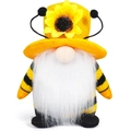 Bee gnome plush with yellow striped outfit and sunflower hat for spring decor - Male Style