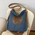 Grand sac fourre-tout en toile bleu denim avec lanières en cuir marron et logo ZC JP - Bleu foncé