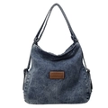 Large capacity vintage washed blue denim tote bag with leather logo patch and wide straps - Denim Blue