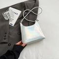 Chic laser silver crescent bag with pleated texture and adjustable knotted strap - Without Ornament / Pearlescent Silver