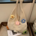 Chic sac cabas en tricot crème avec des décorations de fleurs au crochet en 3D - Fleur Multicolore