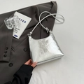Chic silver metallic pleated bucket bag with knotted thin shoulder strap for women - Without Ornament / Silver