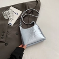 Metallic silver pleated shoulder bag with a modern trapezoidal design and slim strap - Without Ornament / Blue