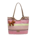 Borsa tote a righe in paglia rosa e marrone con un ciondolo a forma di cane in pelle - Rosa