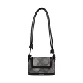 Gray denim quilted bucket bag with black leather trim and elegant shoulder strap - Black