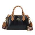 Boston style handbag in black and brown leather with a jacquard woven wide strap - Black