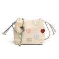 Secchiello in tela beige con toppe a cuore colorate e tracolla a catena argentata - Bianco Sporco