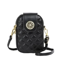 Quilted black crossbody phone bag for women with elegant golden round metallic buckle - Black