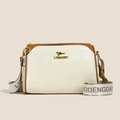 Elegante borsa Boston crema con profili marroni e tracolla larga a motivi chic - Splicing Texture Litchi / Bianco Sporco