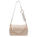 Borsa a cilindro bohémien in paglia beige con catena decorativa a fiori dorati - Bianco Sporco