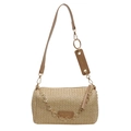 Borsa a cilindro in paglia beige con tracolla in pelle marrone e catena a fiori - Cachi