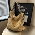 Borsa tote in paglia con tracolla a righe e fiocco per vacanze estive al mare - Stile Semplice / Bianco Sporco